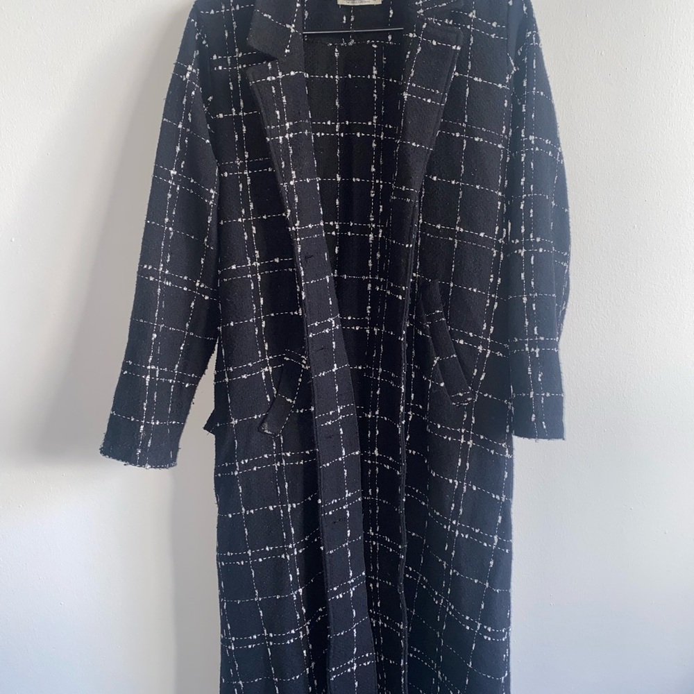 Black and White Plaid Long Coat